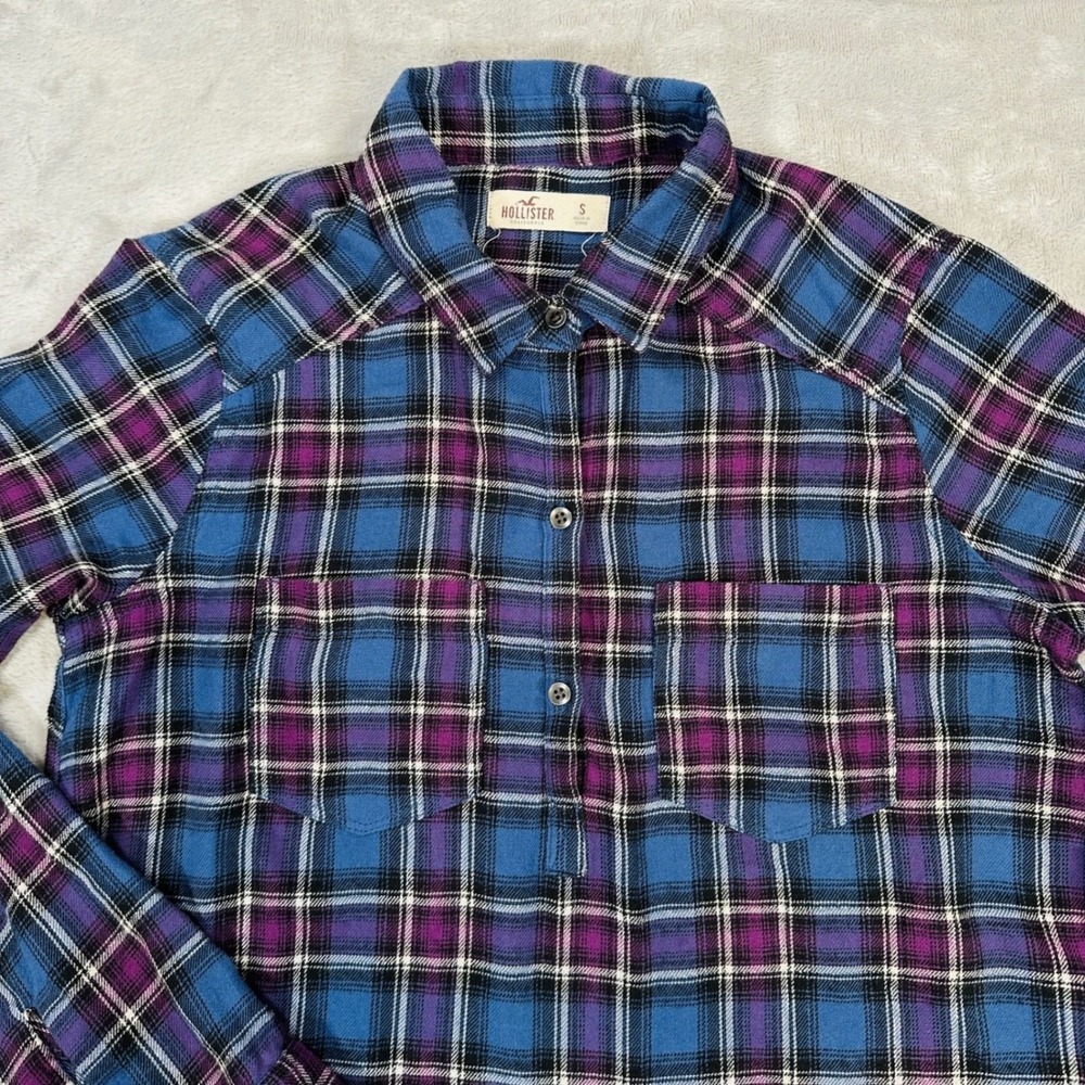 Hollister Shirt Mens Small Blue Purple Plaid Button Down Flannel Shirt